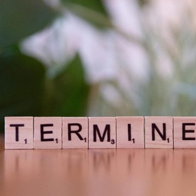Close-up of Scrabble tiles spelling 'TERMINE'.